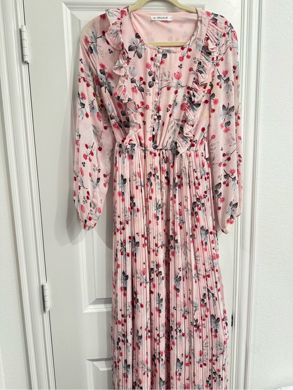 Pink Floral Ruffle Pleated Maxi Dress